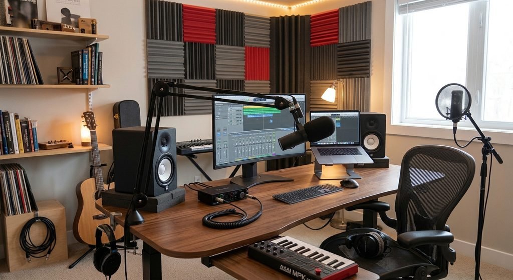 home studio setup with essential recording equipment